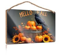 Hanging Door Sign Plaque Hello Fall: Pumpkins, Crows, and Sunflowers Porch Funny Signs Backyard Decor(15X28CM)