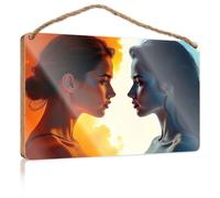 Hanging Door Sign Plaque Two Women Facing Each Other, One in Warm Tones, The in Cool Porch Funny Signs Backyard Decor(20X30CM)