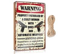 Hanging Door Sign Plaque Warning Property Patrolled By A Crazy Bitch With Dogs And Automatic Weapons Wooden Sign Country Decorations For Home Desk Signs For Office(23X35CM)