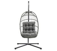 Hanging Egg Chair Grey Rattan Swing Garden Hammock Folding Seat Furniture With 15cm Thick Cushion Steel Stand 150kg Weight Capacity Outdoor Indoor Patio Balcony UV Resistant FREE Waterproof Zip Cover