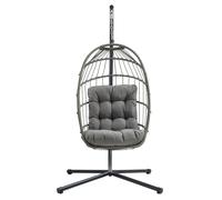 Hanging Egg Chair Grey Rattan Swing Garden Hammock Folding Seat Furniture With 15cm Thick Cushion Steel Stand 150kg Weight Capacity Outdoor Indoor Patio Balcony UV Resistant FREE Waterproof Zip Cover