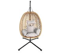 Hanging Egg Chair with Stand 150KG, Foldable PE Wicker Swing Chair, Thick Cushion & Anti-Rust Steel Frame, Indoor Outdoor Use for Garden, Porch, Living Room (Yellow Chair+light Grey Cushion)