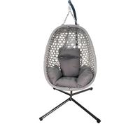 Hanging Egg Chair with Stand 150KG, Foldable PE Wicker Swing Chair, Thick Cushion & Anti-Rust Steel Frame, Indoor Outdoor Use for Garden, Porch, Living Room (Dark Grey Chair+dark Grey Cushion)