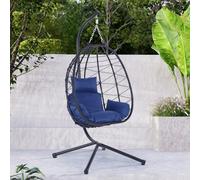 Hanging Egg Chair with Stand Stylish Indoor/Outdoor Swing Chair Durable PE Wicker PowderCoated Steel Frame MachineWashable Cushion Perfect for Patio Balcony Garden (Navy Blue)