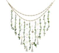 Hanging Eucalyptus Boho Wall Decor Large Boho Bedroom Wall Hanging Wooden Bead Garland Artificial Eucalyptus Natural Greenery Decoration, 36 x 36 Inch (Simple Color, Wood Chip Style)