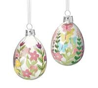 Hanging Floral Easter Eggs Set of 2, Hanging Glass Egg Baubles with Multicoloured Flowers & Butterfly Pattern in Pastel Colours, Easter Tree Decoration, Spring Room Decorations