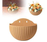 Hanging Flower Pots Outdoor for Fence Balcony, Imitation Rattan Wall Hanging Semicircle Flower Pot, Plant Baskets Container Hanger Holder Flowers Planter with Drainage Hole Hooks (1, Khaki)