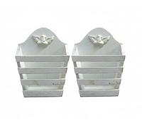 Hanging Flowerpot Set of 2, 22x18x9cm, White Wood Planter, Shabby Chic Finish Hanging Plant Basket Flower Pots Plant Holder Container for Plants Flowers Herbs (White#B)