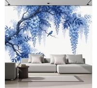 Hanging Flowers And Small Birds Wallpaper Mural, 300x210cm Wall Poster Watercolor Hand-Painted Style Photo Wallpaper 3D Effect, Dark Blue Wallpapers Mural Decoration for Bedroom Living Room Corridor
