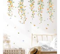 Hanging Flowers Vine Wall Stickers Yellow Morning Glory Wall Decals Vine Leaves Butterflies Art Wall Decor for Bedroom Living Room Sofa TV Backdrop
