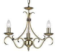 Hanging/Flush Mounted Ceiling Pendant Light - Antique Brass - 3X Vintage Candle Lamp Bulb Holder - Vintage/Classic Metal Feature Chandelier with Chain & Rose Fitting Lighting Kit - LED Compatible