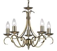 Hanging/Flush Mounted Ceiling Pendant Light - Antique Brass - 5X Vintage Candle Lamp Bulb Holder - Vintage/Classic Metal Feature Chandelier with Chain & Rose Fitting Lighting Kit - LED Compatible