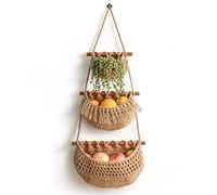 Hanging Fruit Basket ,3 Tier Over the Door Organizer, Handmade Woven Jute Wall Hanging Baskets for Organizing, BOHO Wall Basket Decor, Storage baskets for kitchen , Living & Bathroom Bedroom