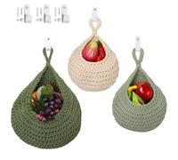 Hanging Fruit Basket 3Pcs, 20cm/32cm/38cm Large Hand Woven Hanging Storage Baskets, Boho Wall Mounted Fruit Basket, Kitchen Wall Decor for Vegetable, Fruits, Onion or Snacks (White and Green)