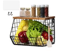 Hanging Fruit Basket, Kitchen Organiser, Fruit Bowl Hanging Basket Kitchen, Wall Fruit Basket with Wooden Lid, Fruit and Vegetable Basket for the Counter, Onion and Potato Snack Bread Holder (Small)