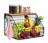 Hanging Fruit Basket, Kitchen Organiser, Fruit Bowl Hanging Basket Kitchen, Wall Fruit Basket with Wooden Lid, Fruit and Vegetable Basket for the Counter, Onion and Potato Snack Bread Holder (Large)