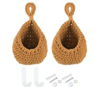 Hanging Fruit Baskets for Kitchen, 2 Pack Large Size Teardrop Home Decor Storage Hand-Woven Hanging Baskets for Garlic Potato Vegetable, Brown(Caramel Color,Small)