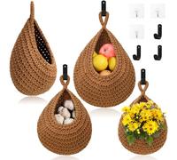 Hanging Fruit Baskets for Kitchen - 3 Pack Boho Wall Hanging Basket with 6 Pcs Strong Hooks, Handwoven Hanging Holder Teardrop Home Produce Basket for Fruits Vegetable Potato Onion Storage (Linen)