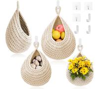Hanging Fruit Baskets for Kitchen - 3 Pack Boho Wall Hanging Basket with 6 Pcs Strong Hooks, Handwoven Onion Storage Teardrop Home Onion Basket for Fruits Vegetable Potato Kitchen Storage (White)