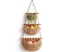Hanging Fruit Baskets for Kitchen Boho Jute Hanging Wall Basket Handwoven Kitchen Wall Fruit Vegetable Storage Baskets Jute Rope Woven Decorative Hanging Holder for Potato Garlic Onion (3)
