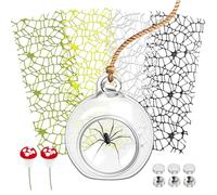 Hanging Glass Ball for Jumping Spider Hide, 4 Pieces Webbed Moss Ribbon with Magnets, 2 Red Mushroom Decorations & 40cm Hanging Rope, Spider Enclosure Decor & Natural Habitat Accessories (Large)