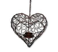 Hanging Heart Ornament Tea Light/Candle Holder, Bronze - Approx. H20cm x L18cm x W9cm - Handmade Garden & Home Decor - Metal Tealight Holder - Suitable for Indoor & Outdoor Use