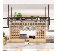 Hanging Industrial Round Wine Rack with Boom，Upside Down Wine Rack，Ceiling Wine Rack with Stemware Rack，Hanging Wine Bottle Holder for Home Bar Dining Room Kitchen(Size:80 * 30cm,Color:Black WFJ