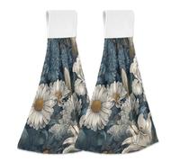 Hanging Kitchen Towels Vintage Blue Tone White Daisy Flower Artwork 2PCS Super Soft Absorbent Washcloth Quick Dry Hang Towel Dish Cloth for Home, Bathroom, Farmhouse, Housewarming, Tabletop Decor