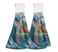 Hanging Kitchen Towels Wave and Sea Turtle Pattern 2PCS Super Soft Absorbent Washcloth Quick Dry Hang Towel Dish Cloth for Home, Bathroom, Farmhouse, Housewarming, Tabletop Decor