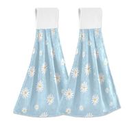 Hanging Kitchen Towels White Daisy Pattern 2PCS Super Soft Absorbent Washcloth Quick Dry Hang Towel Dish Cloth for Home, Bathroom, Farmhouse, Housewarming, Tabletop Decor