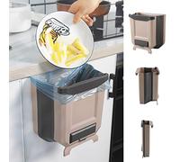 Hanging Kitchen Trash Can, Foldable Waste Bin for Kitchen, Collapsible Hang Small Plastic Garbage Can 2.4 Gallon for Cabinet/Car/Bedroom/Bathroom (Brown)