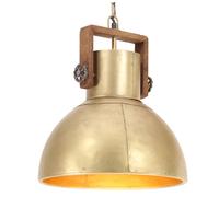 Hanging Lamp Brass Brown 40cm Round Iron Shade Mango Wood Bar E27 Chain Ceiling