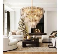 Hanging Lamp, Nordic Classic Brushed Gold Ceiling Chandelier Glass Light Fixture V-intage 2025 Luxury Hanglamp Living Room Dining Table Lamps(Natural Light,Dia80cm)