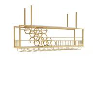 Hanging Metal Wine Rack - Ceiling Holder With Stemware Shelf - Vintage Display Storage for Bar, Restaurant, Cafe Gold,120cm