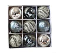 Hanging Ornament Collection Nine Beautifully Crafted Plastic Christmas Balls at 8CM Each (Grey)
