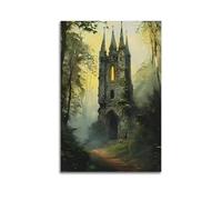 Hanging Paintings Poster, Fantasy Medieval Wall Art Featuring Gothic Castle Forest, Mysterious Architecture Artwork for Living Room Study Household Aesthetic Decoration 24x36inch(60x90cm)