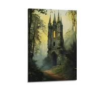 Hanging Paintings Poster, Fantasy Medieval Wall Art Featuring Gothic Castle Forest, Mysterious Architecture Artwork for Living Room Study Household Aesthetic Decoration 24x36inch(60x90cm)