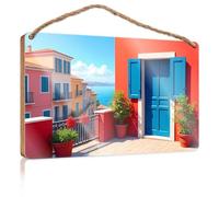 Hanging Pantry Sign Decor Colorful Mediterranean View From The Terrace Wooden Sign Coffee Bar Decor Hanging Office Signs For Doors Ou(20X30CM)
