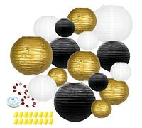 Hanging Paper Lanterns Decorative, Black Gold Chinese Paper Lanterns Ceiling Party Decorations with 16 LED Lights for Graduation Anniversary Engagements Business Banquet ，Pack of 16