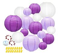 Hanging Paper Lanterns Decorative, Purple Chinese Paper Lanterns Ceiling Party Decorations with 16 LED Lights for Graduation Lavender Gender Neutral Baby Shower Wedding Anniversarie, Pack of 16