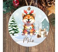 Hanging Personalised Non-Sporting Dog Breed Christmas Tree Bauble - Bulldog, Lhasa Apso, Poodle, Schnauzer Custom Decor Dog Name Gift (Shiba Inu, MDF Wood - Indoor Use Only)