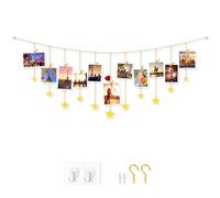 Hanging Photo Display Room Wall Decor Wooden Stars Garland Metal Chains Picture Hanging Wire Boho Christmas Greeting Cards Holder with 28 Wood Clips Teen Girl Gift Art KIT Bedroom Nursery Dorm Gold