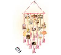 Hanging Photo Display Wall Decor, Pink Macrame Wall Hanging Boho Room Bedroom Decor, Picture Frame Collage with Remote Light & 30 Clips, Christmas Teenage Teen Girl Gifts Ages 10 11 12 13 14 Years Old