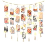 Hanging Photo Display with Clips Wall Boho Decor Beads Garland with Led Lights - Sculptural Picture Frames Collage - 30 Clothespins - 2 Non-Trace Hook - Photo Clip String Lights - 45 x 45 inch