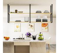 Hanging Plant Shelf with Wood and Black Metal Iron Wall Mounted Storage for Home Kitchen Bar Pot Pan Wine Holder Decorative Floating Display Rack (140x30x80cm)
