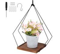 Hanging Planter Rack, Hanging Flower Pot Holder with Screw and Hook, Height 34 cm Metal Flower Pot Stand with Wood Base(16.5 x 16.5 x 1.7 cm) Minimalist Design for Living Room Entrance Balcony