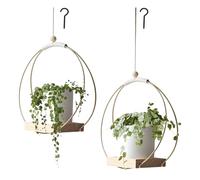 Hanging Planters for Indoor Plants - Metal Ring Hanging Planter with Wooden Base - Hanging Basket & Macramé Plant Hanger for Wall, Ceiling or Window - Boho Home Decor