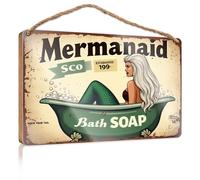 Hanging Plaque Sign Mermaid Bath Soap - Wash Your Tail Wooded Sign Funny Bathroom Signs The Room Decorations(23X35CM)