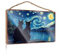 Hanging Plaque Sign Two Cats Admiring The Starry Night Sky Over A Lake Wooded Sign Vintage Room Decor Desk Accessories For Men(15X28CM)