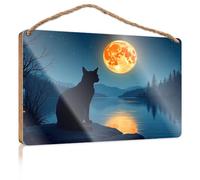 Hanging Plaque Wooden A Black Cat Sits By A Lake Under A Full Moon Home Decor Farmhouse Plaque for Front Door(15X28CM)